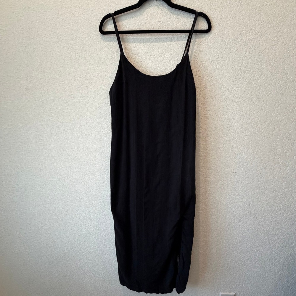Free People Black Textured Midi Slip Dress Spaghetti Strap Back Keyhole Small